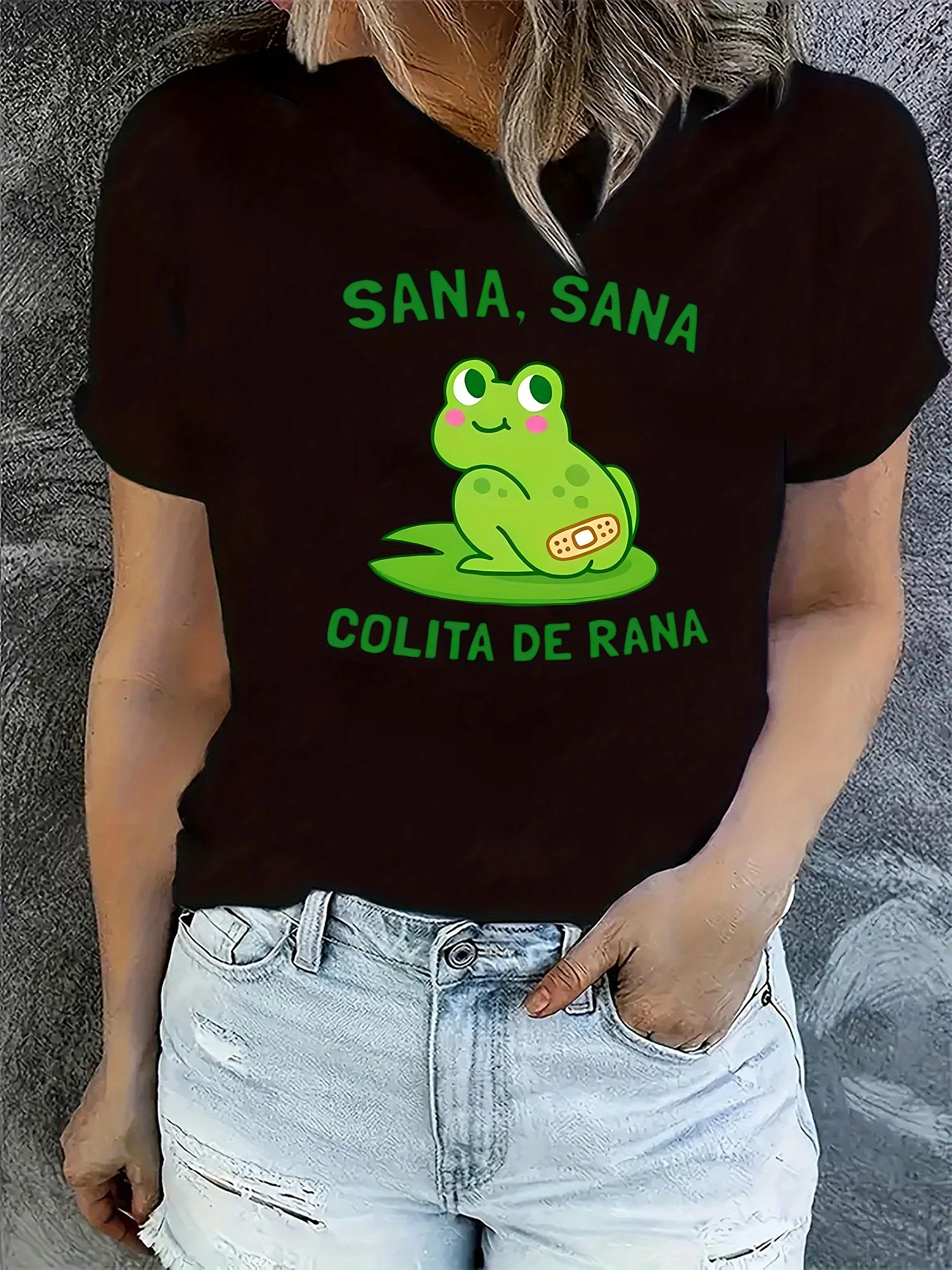 Camiseta informal con cuello redondo para mujer con estampado De rana De dibujos animados "Sana Sana Colita De Rana" letras Harajuku manga corta informal