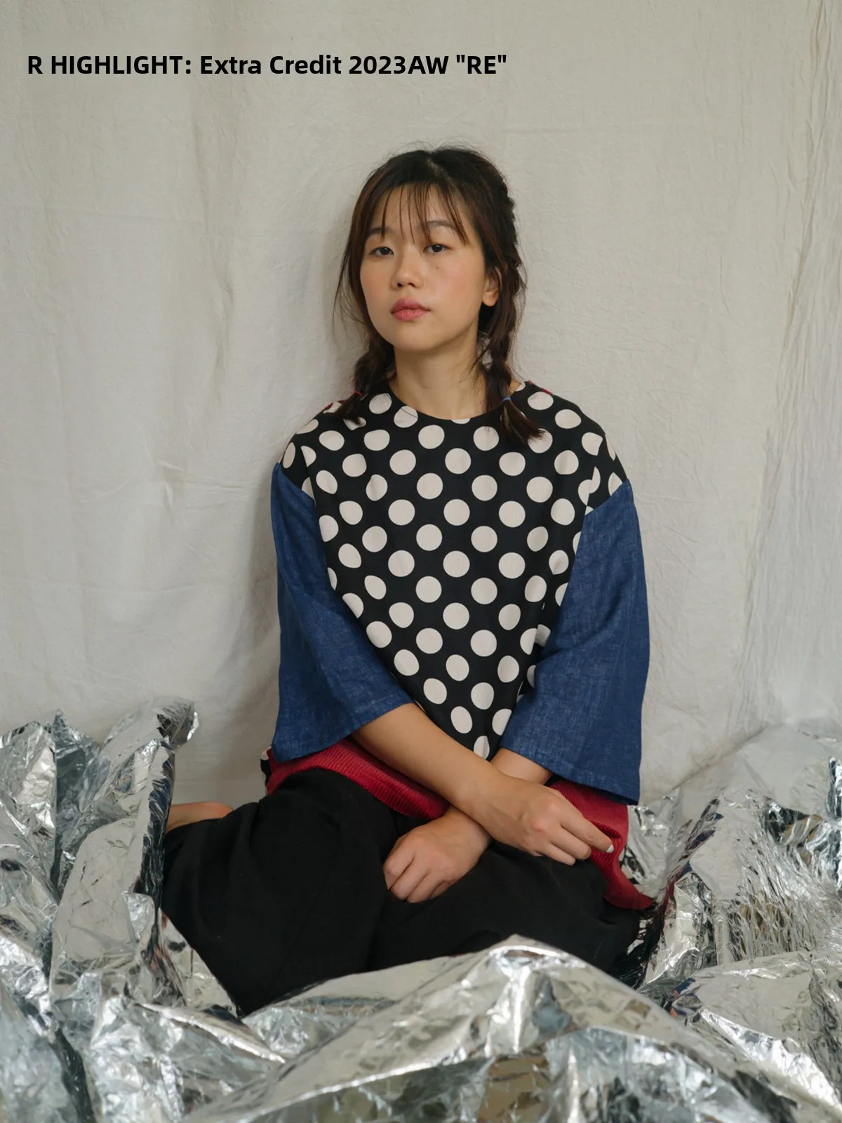 

High Quali Cotton Linen Plaid Tee Color Splicing Top with round Dot Pattern Faionable Women's T-irt for Autumn Season