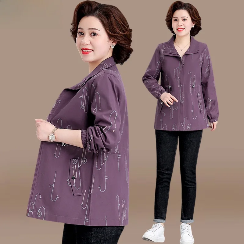 

Модная тонкая верхняя одежда/куртка для женщин среднего возраста, весна-осень, большие размеры, с воротником, на молнии, из чистого материала