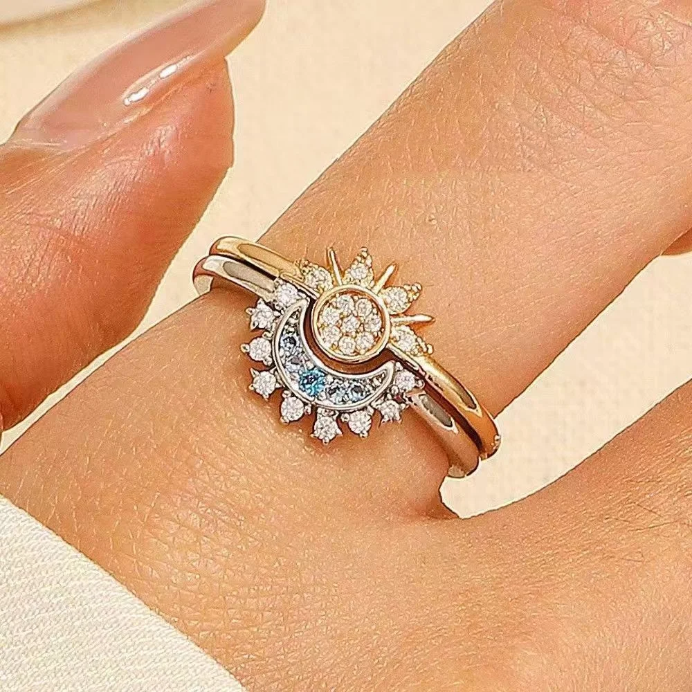2pcs European and American jewelry niche zircon inlaid, sun and moon shining together, layered wearing, open mouth ring, couple