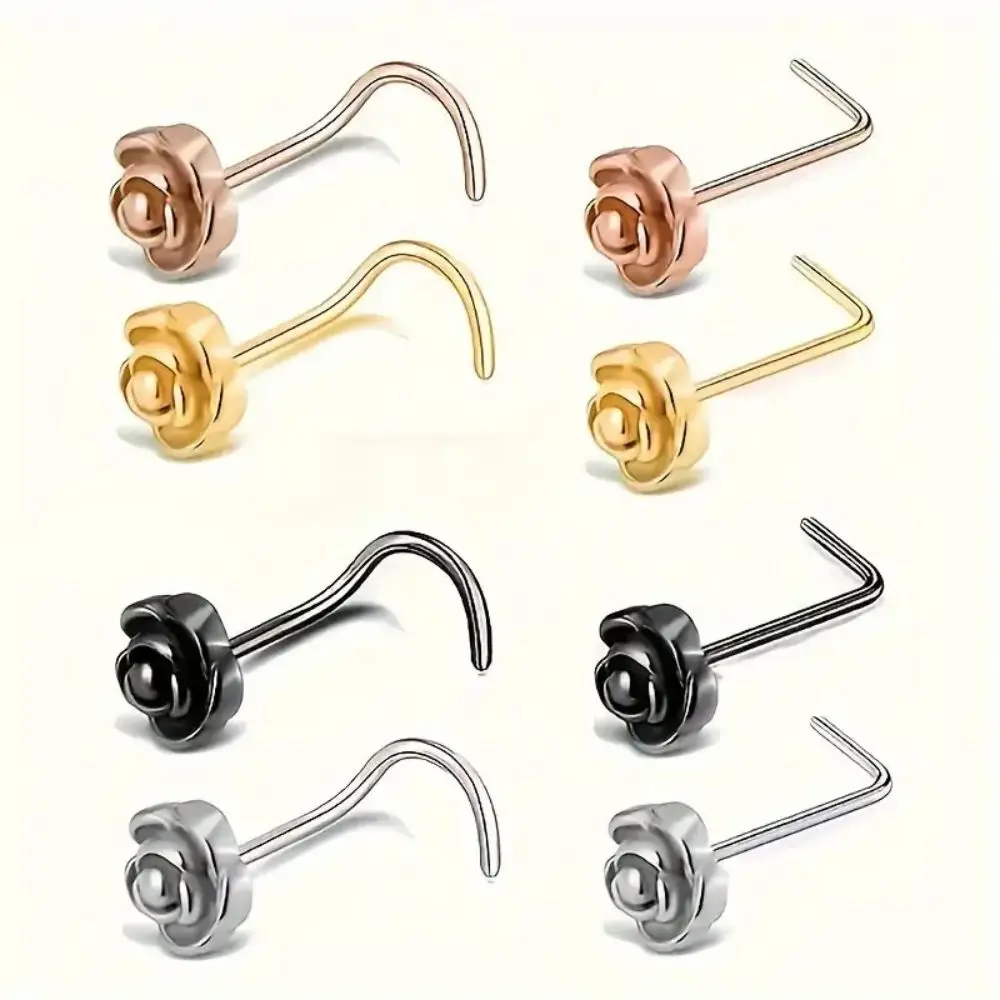 Elegant Simple Rose Flower Nose Studs 3/4pcs Stainless Steel Bend/Straight/L-Shaped Rod Piercings for Everyday Party Wear