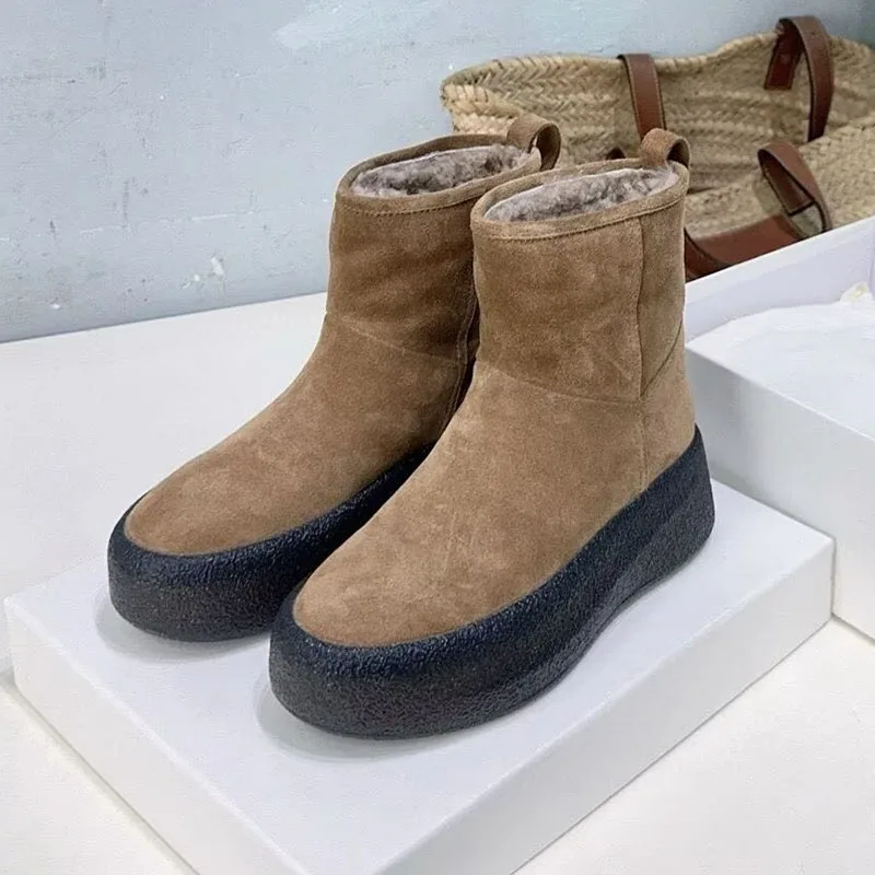 Riding Boots Suede Flat Thick Bottom Ankle Botas Mujer Women Round Toe Real Wool Lining Platform Short Boots Ladies Winter Shoes