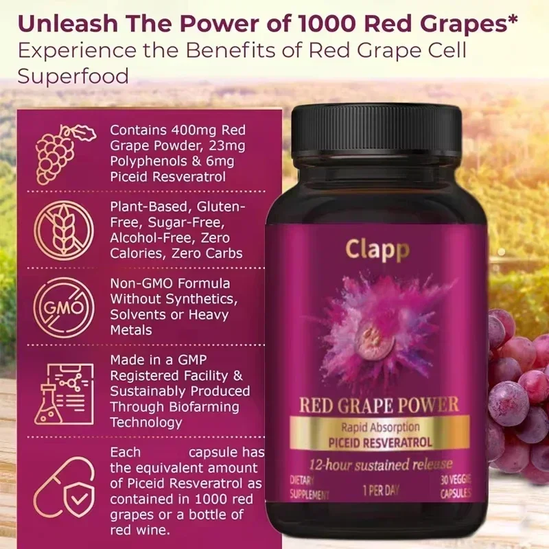 Clapp Resveratrol Trans-Resveratrol Antioxidant Supplement with, Helps to Support Digestive Health&Immune System, 60 Capsules
