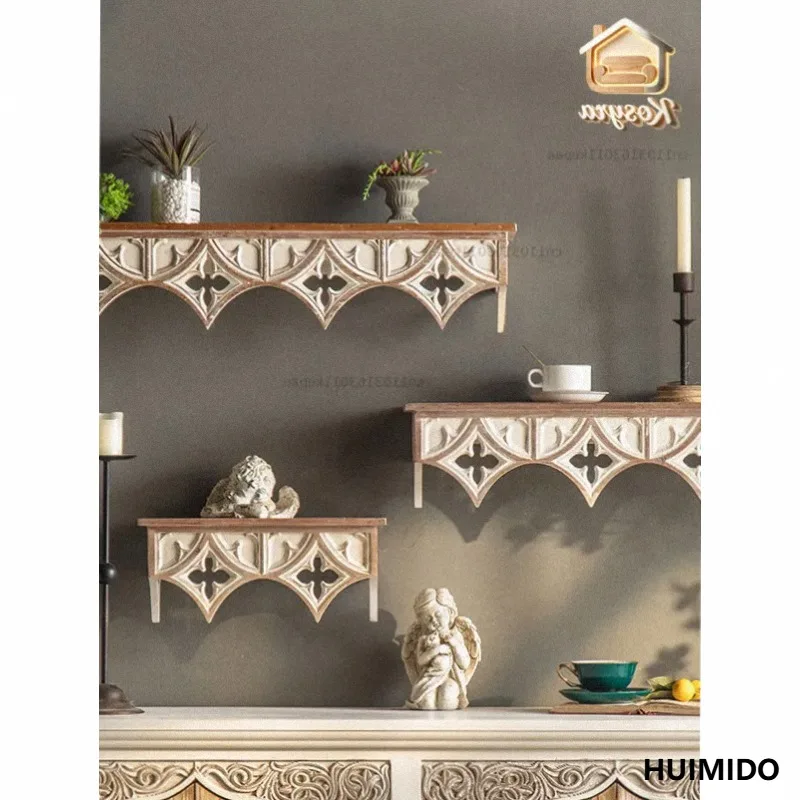 Retro old wall shelf wall hanging engraved art entrance creative shelf living room wall decorative shelf ornament