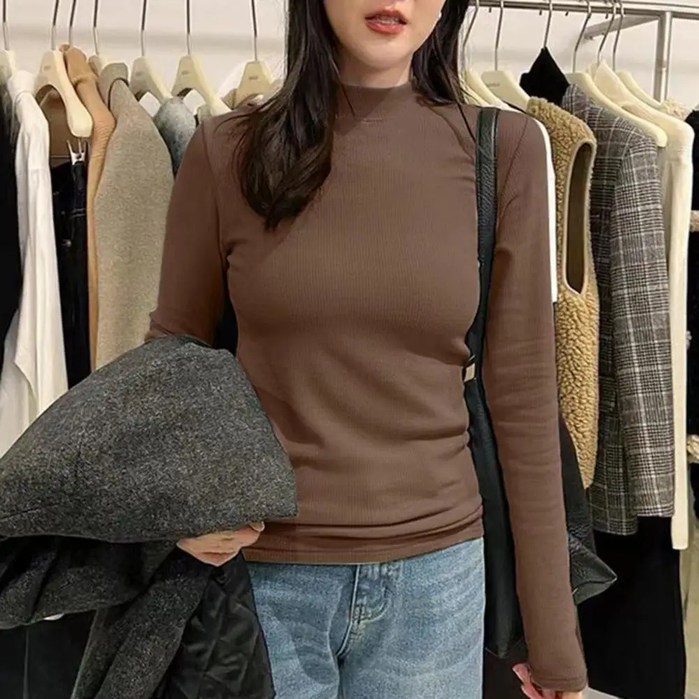 Atasan lengan panjang wanita, Sweater blus kerah berdiri elegan untuk musim gugur dan dingin, Pullover hangat lembut dengan Slim Fit warna Solid