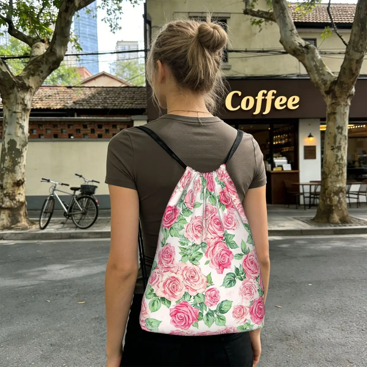 Pink Rose Botanical Garden Watercolor Backpacks Fashion Drawstring Bundle Pocket Sports Bag Book Bags for Man Woman School