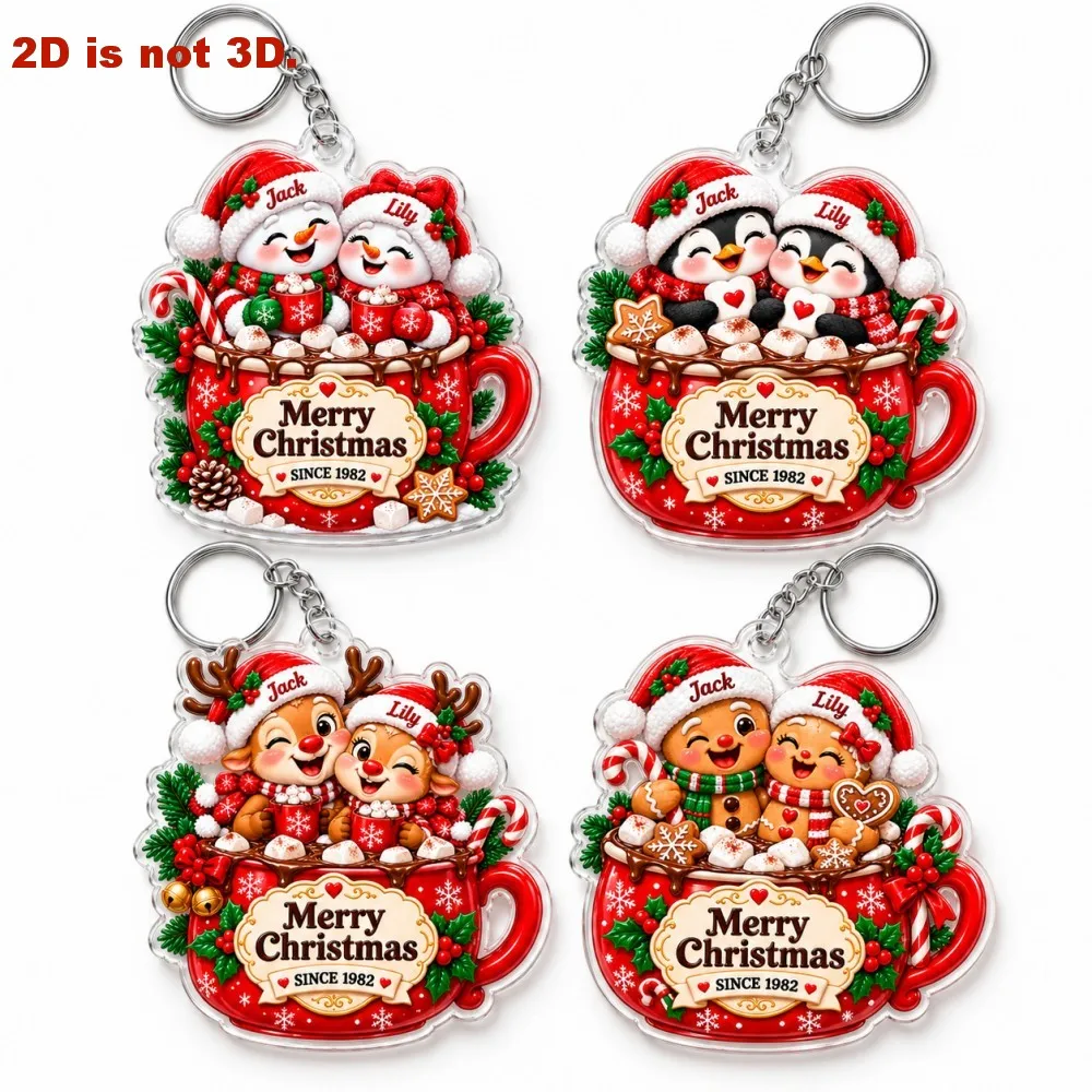 1pc Custom Christmas Keychain Santa Mrs Claus Flat 2D Acrylic Mug Keyring Double Sided Holiday Gift for Family Friends Keepsake