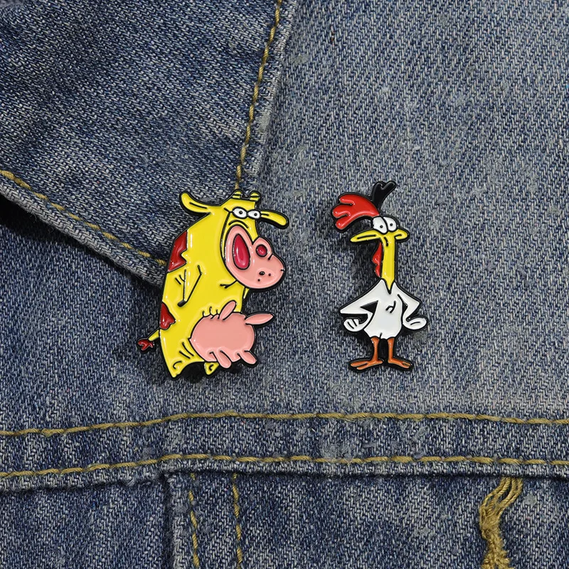 2pcs Cartoon Manga Enamel Pins Custom Cute Rooster Cow Brooches Lapel Badges Animal Jewelry Gift for Kids Friends