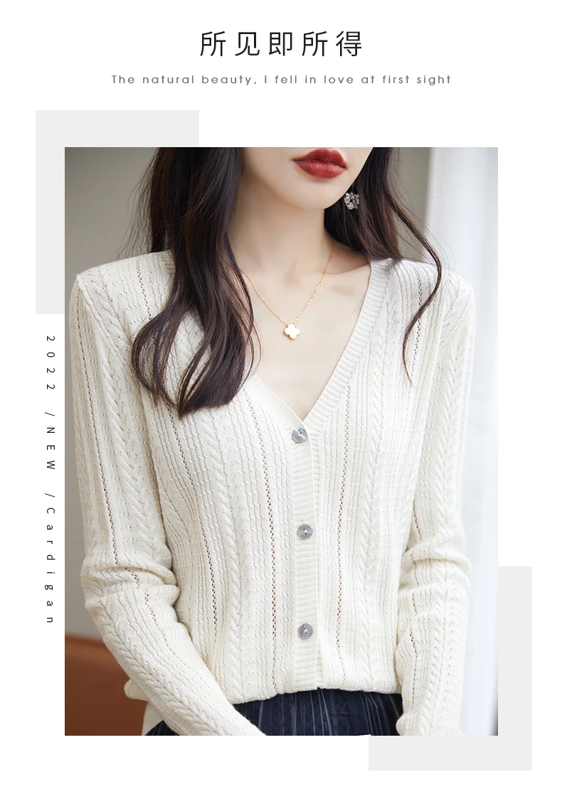 100% Cotton Spring/Summer Hollow v Neck Long Sleeved Sun Proof Air-Conditioned Shirt, Comfortable Fashionable Cardigan