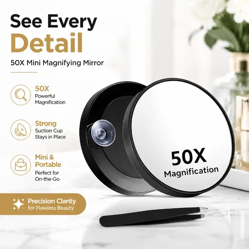 50X Magnifying Mini Mirror, Portable Handheld Cosmetic Mirror with Suction Cup, Precision Clarity On-the-Go Beauty Mirror