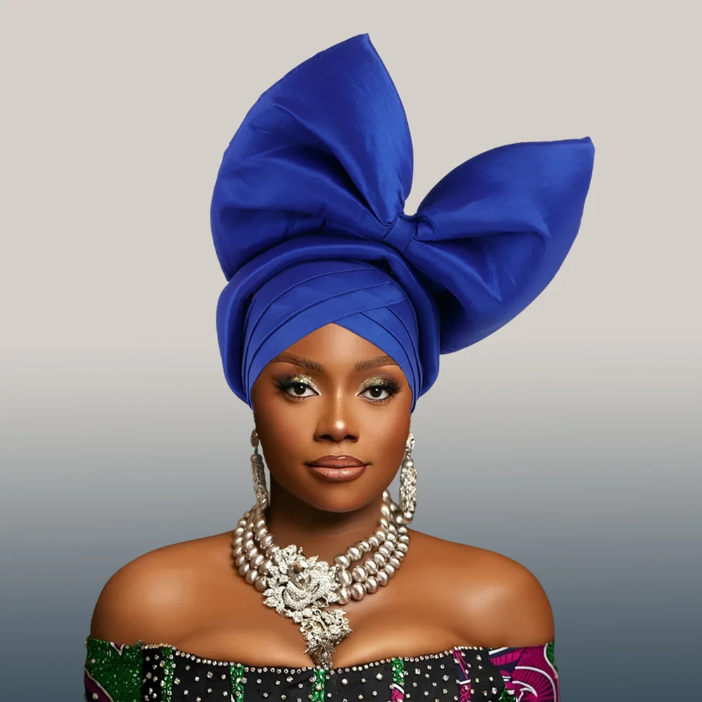 2024 African Female Turban Cap Women's Autogele Headtie Nigeria Big Bowknot Gele Wedding Party Head Wraps Headwear Bonnet Hijab