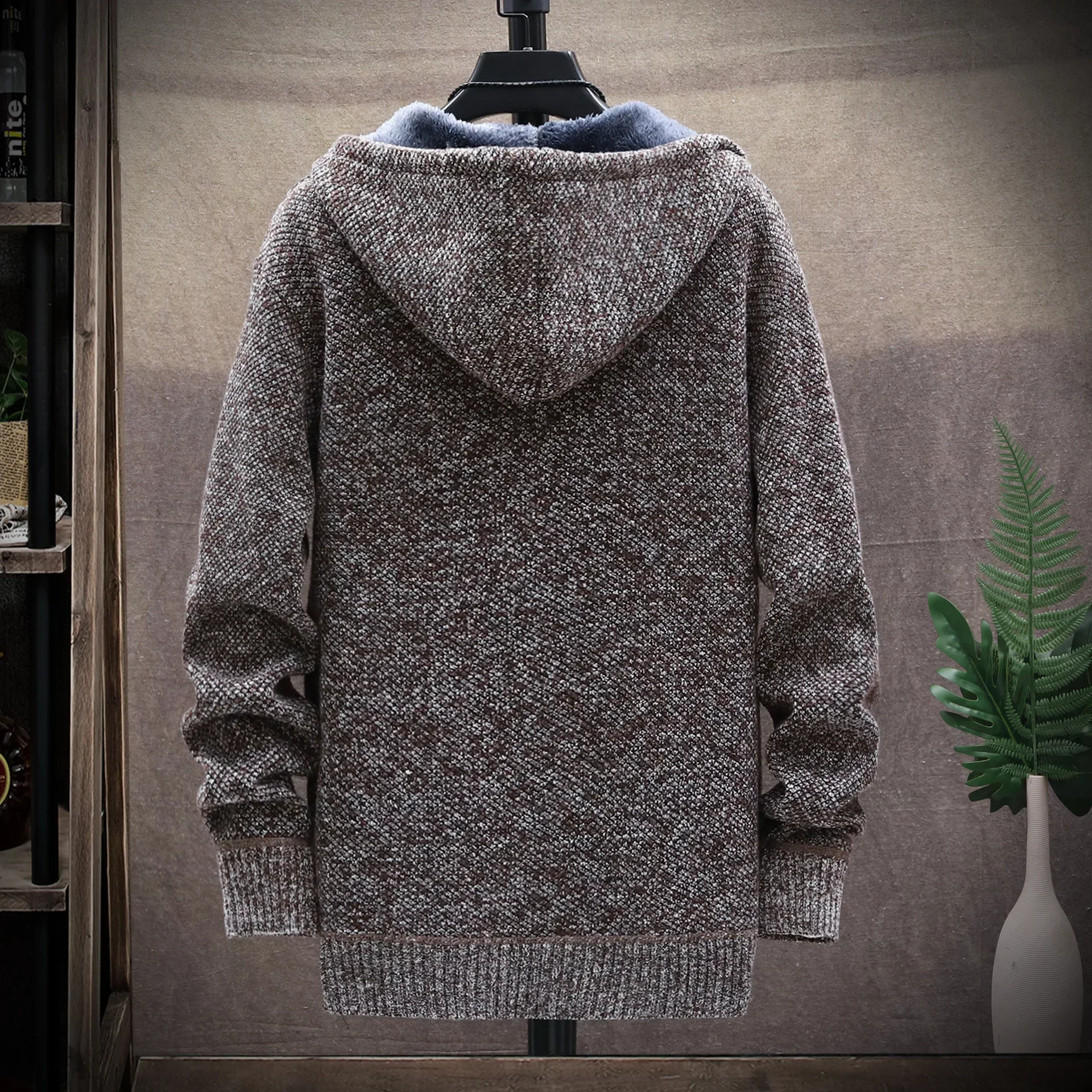 Men‘s Hooded Cardigan Knitted Sweater Winter Thick Fleece Warm Casual Knitwear Coat Solid Color Cardigan Men Hooded Sweaters