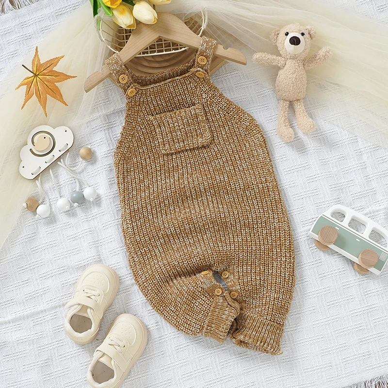 Baby Girl Knitted Sleeveless Jumpsuits Fashion Solid Brown One Piece Newborn Infant Boy Playsuits Overalls 0-18m Toddler Clothes