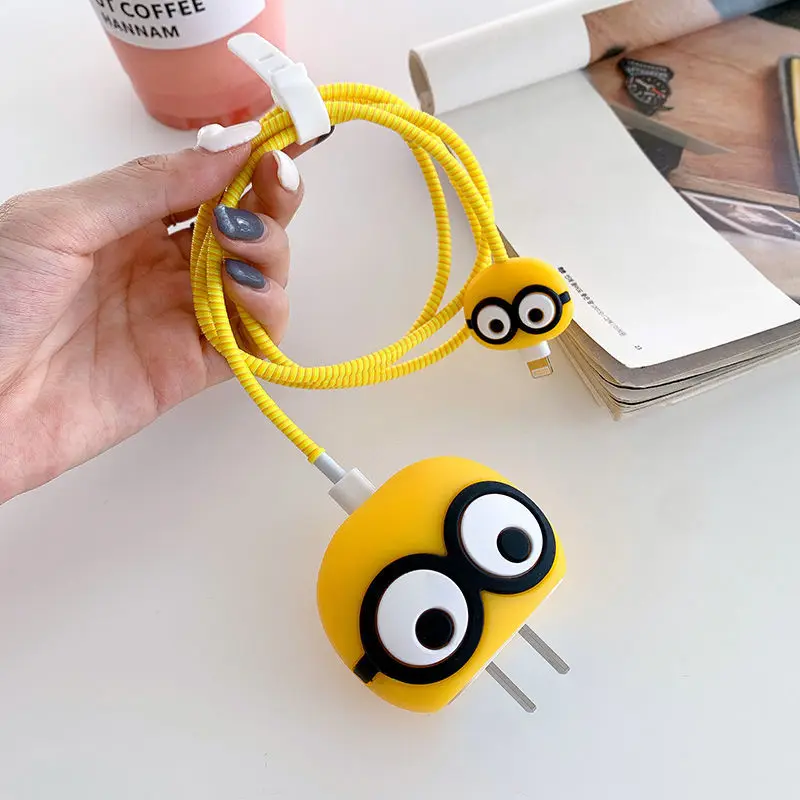 Cute 3D Yellow Big Eyes 18W 20W iphone Ipad Fast Charger Protector Case Cover,USB Data Cable Case Winder For iphone 15 14 12