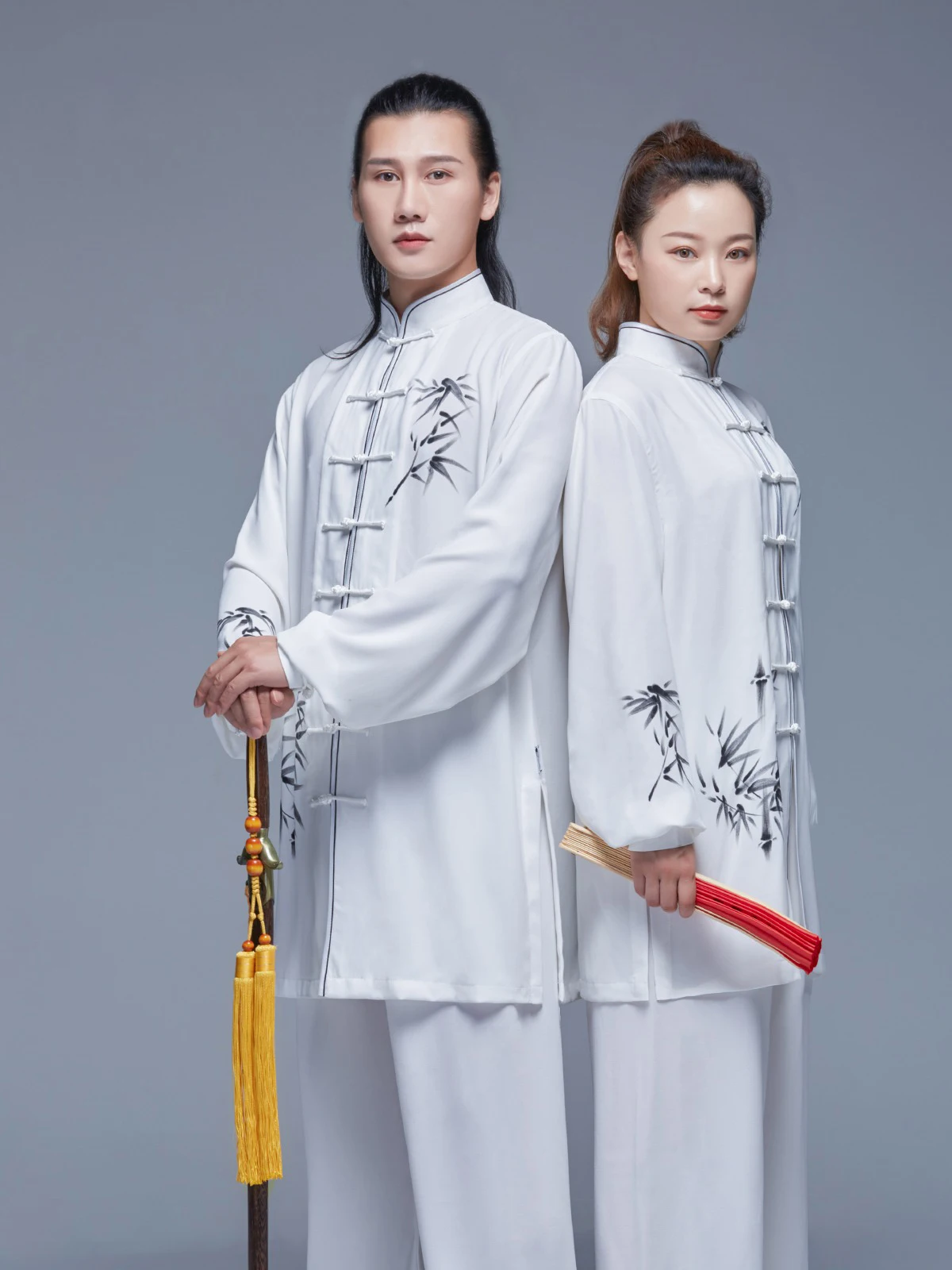 Kun Master Hand Painted Bamboo Leaves Kung Fu Uniform Martial Arts Tai Chi Clothing White Chinese Traditional Clothes