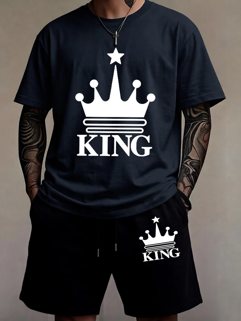 King Crown Design Print Mens Cotton Daily Simple Short Sleeve Loose New Sportswear Suit Stretch Summer Pants Fashion Clothes