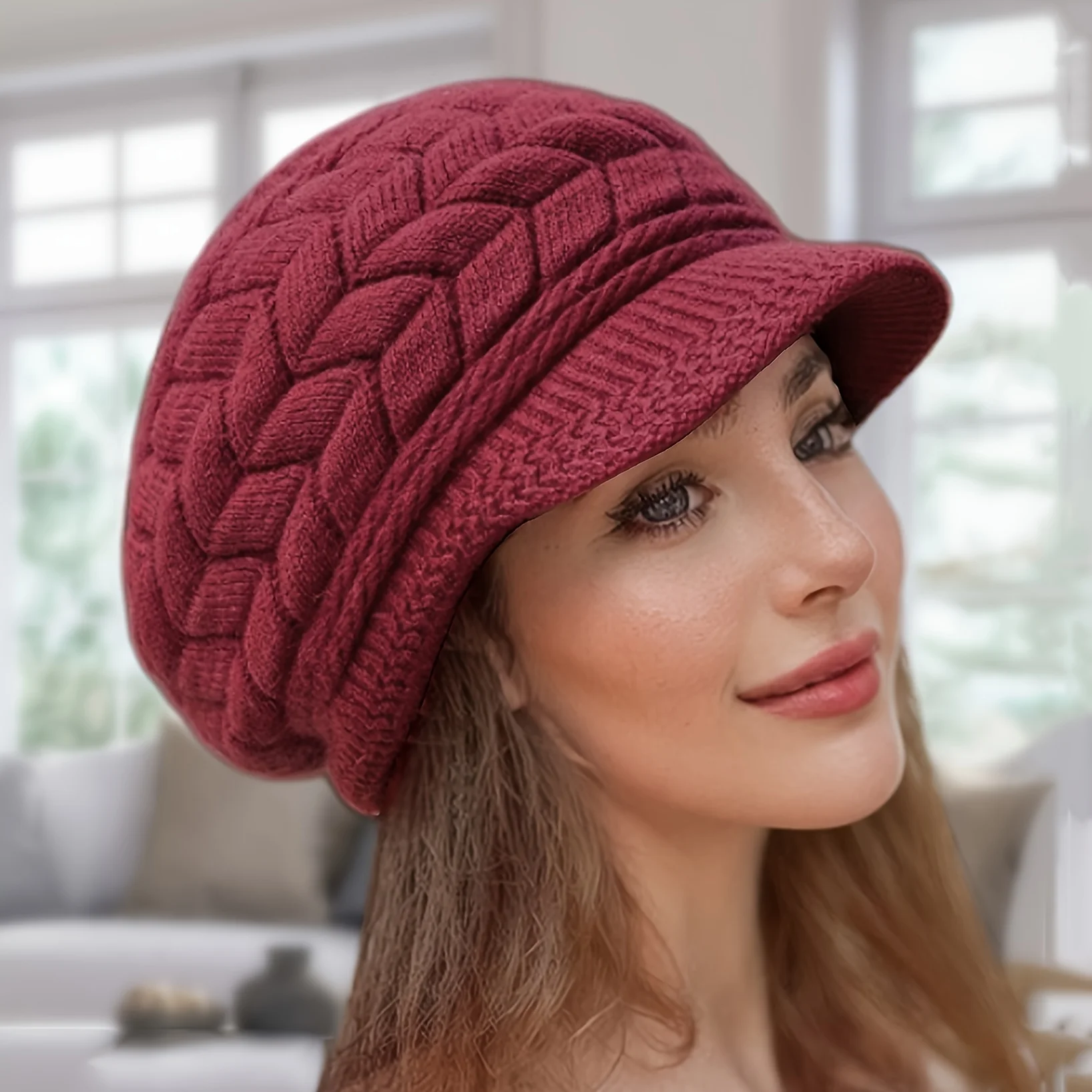 Retro women's winter warm knitted cap, cold weather running, camping, walking fashionable skiing cap with sun hat