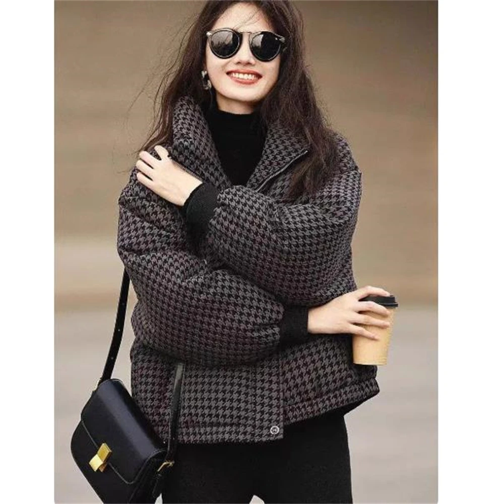 Chaqueta acolchada con capucha de pata de gallo para mujer, chaqueta gruesa a prueba de viento para invierno, Parka cálida Vintage, chaquetas de abrigo