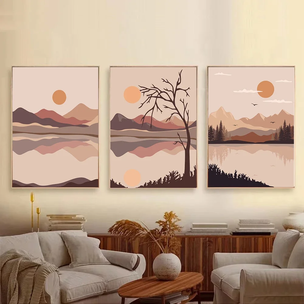 1pc frameless Canvas Painting Abstract Orange Sun Poster Boho River Tree Mountain Wall Art Canvas Painting Retro Landscape Print