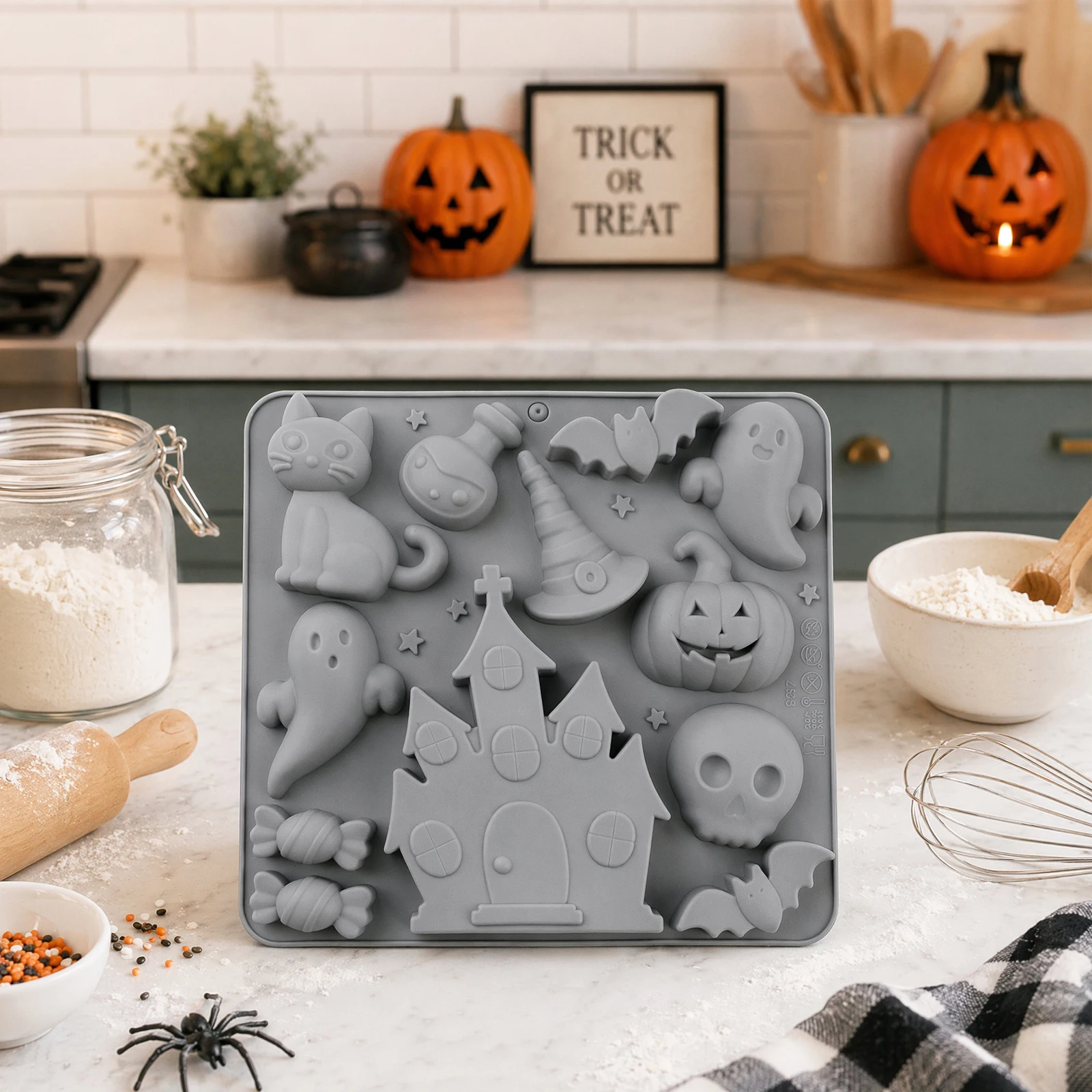 Multi-shape Halloween silicone mold Ghost, Pumpkin, Monster, Bat, Skeleton, Cat Perfect for chocolate candy pudding jelly