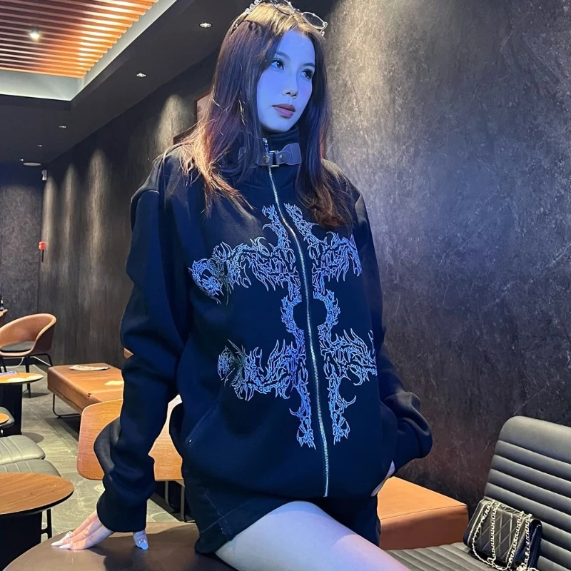 Woman New Restore Ancient Ways Elegant Brief Street Clothes Fashion Punk Stand-up Collar Individuality Hoodie Printing Cardigan