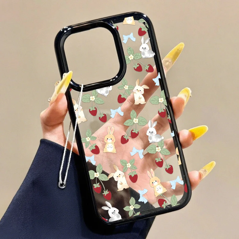 Чехол для телефона Ins с милым мультяшным рисунком для iPhone 11, Funda iPhone 15, 13, 16, 12, 14 Pro Max, мягкий ТПУ, прозрачная задняя крышка с кроликом и клубникой