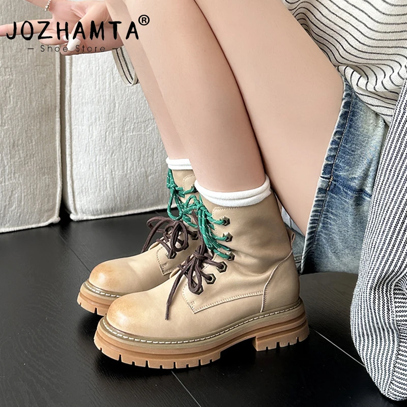 JOZHAMTA Size 35-39 Women Ankle Boots Real Leather Lace-Up Thick Heels Platform Shoes Winter 2025 Ins Fashion Office Daily Dress