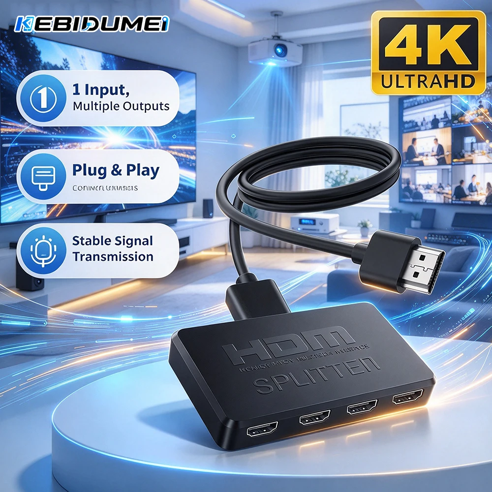 KEBIDUMEI 4K 2K HDMI-compatible Splitter 1 in 4 Out 1x4 HD Video Distributor Adapter for HDTV PC Xbox DVD Laptop Monitor