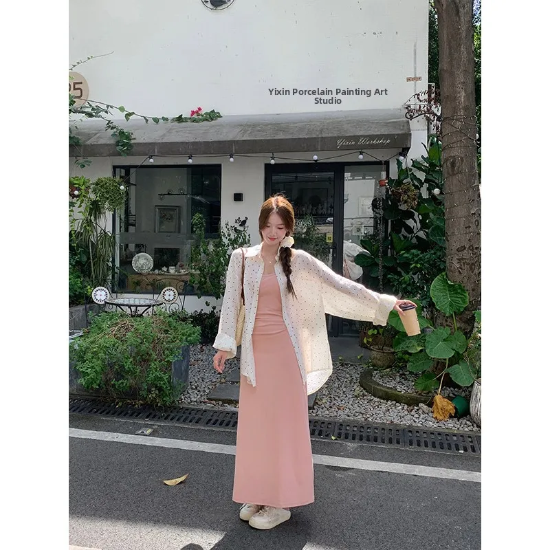 

Женский комплект больших размеров: розовый топ без бретелек свободного кроя с защитой от солнца, модный корейский стиль, с длинными рукавами, средней длины, модный комплект