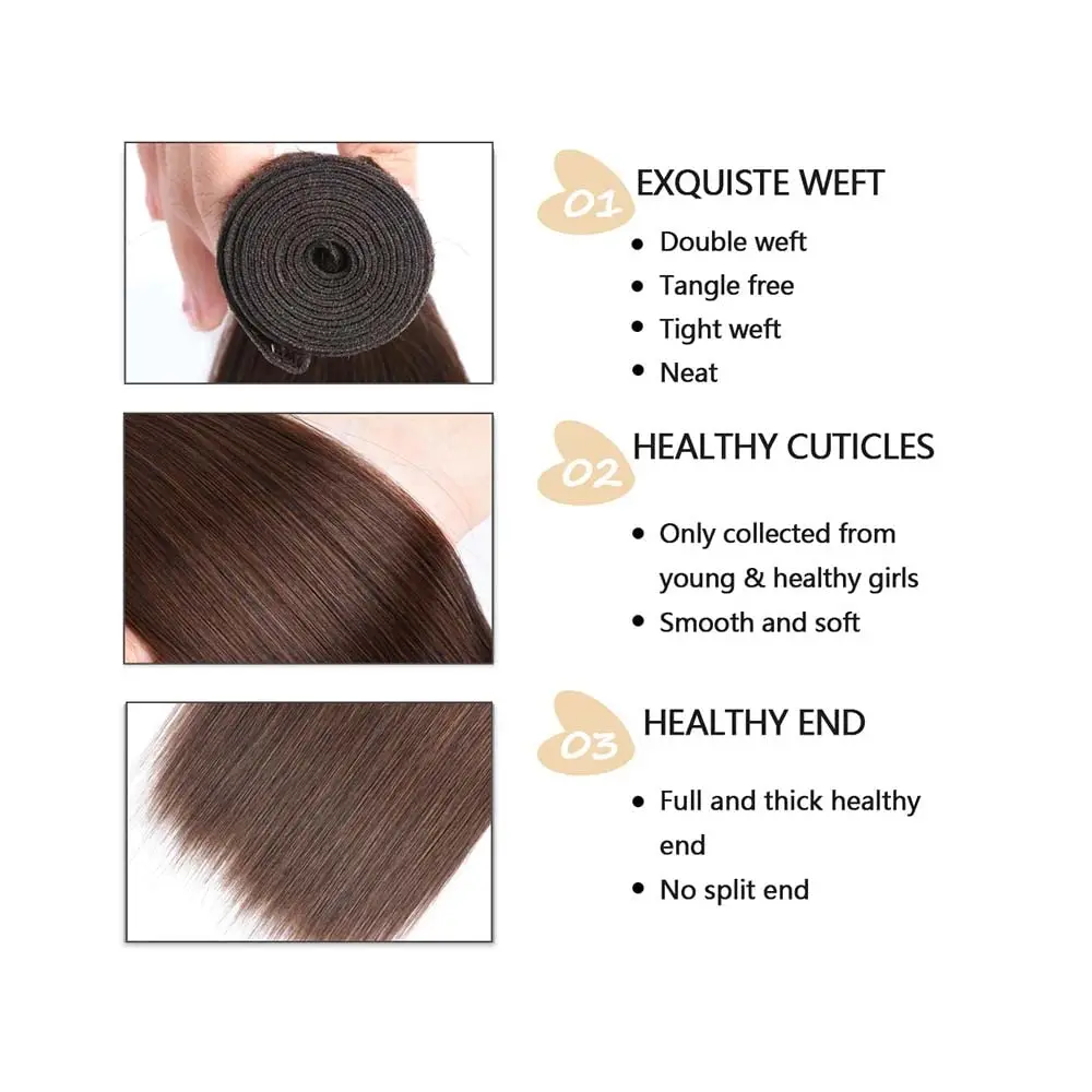 Pacotes retos do cabelo humano para mulheres negras, cabelo virgem brasileiro, cor marrom chocolate, #4, 3, 24, 26, 28 Polegada