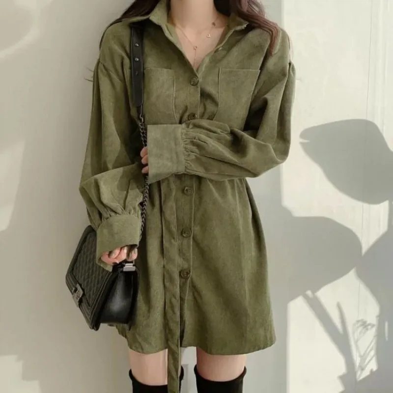 New Women's Spliced   POLO Collar Buttons Fashionable Slim Spring and Autumn Shirt Dress