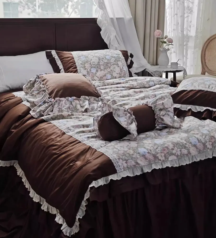 

Винтажный комплект постельного белья с пасторальным цветочным принтом, полный королевский кофе, гофрированный цветок, хлопковое домашнее текстильное покрывало, наволочка, пододеяльник
