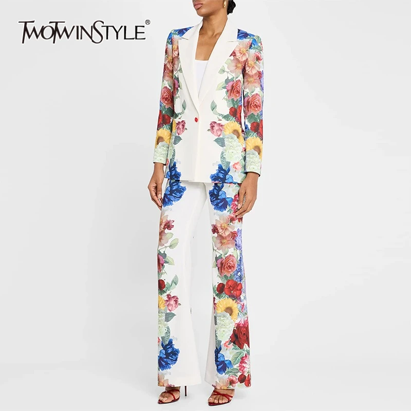 

TWOTWINSTYLE Hit Color Printing Two Piece Sets for Women Lapel Long Sleeves Spliced Button Blazer High Waist Pant Set Female New