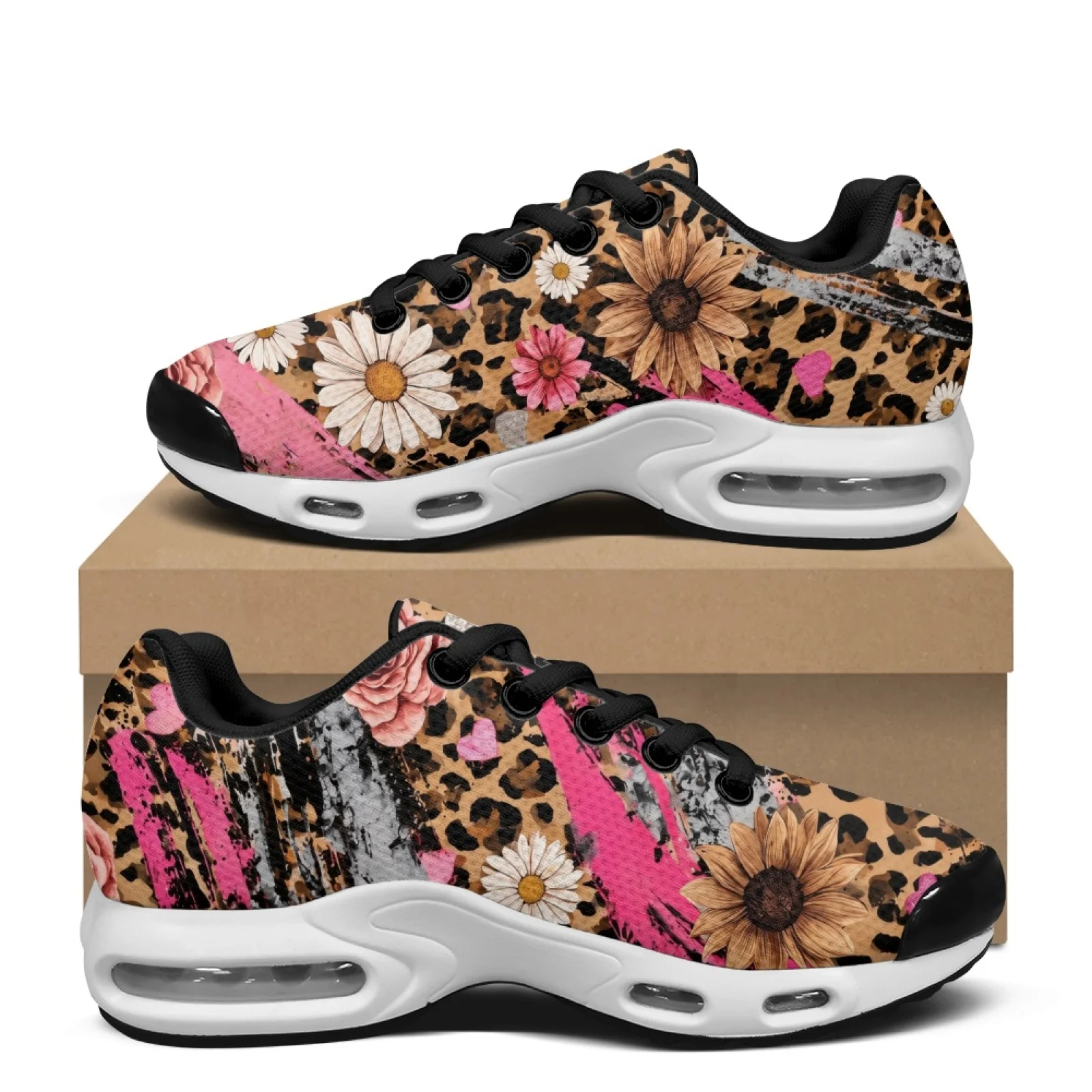 PENSTROLL Leopard Floral Print Air Cushion Running Sneakers for Men, Breathable Mesh Lace up Shoes for Training and Daily