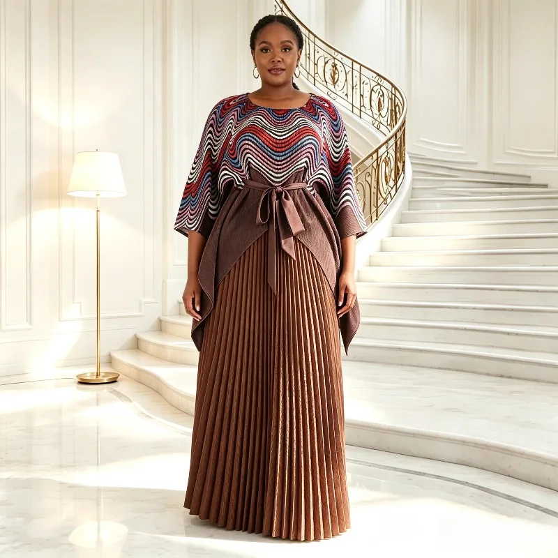Miyake Pleated African Women's Printed Dress Batwing Sleeve Tie Top Elastic Waist Pleated Skirt 2-Piece Set Plus Size Clothing