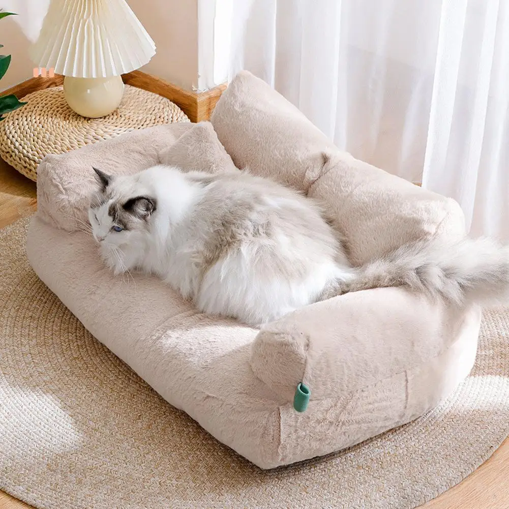 Beige Pet Sleeping Cushion Soft Comfortable Pet Bed with Removable Washable Cover Non-slip Cat Sleeping Cushion Fluffy Plush