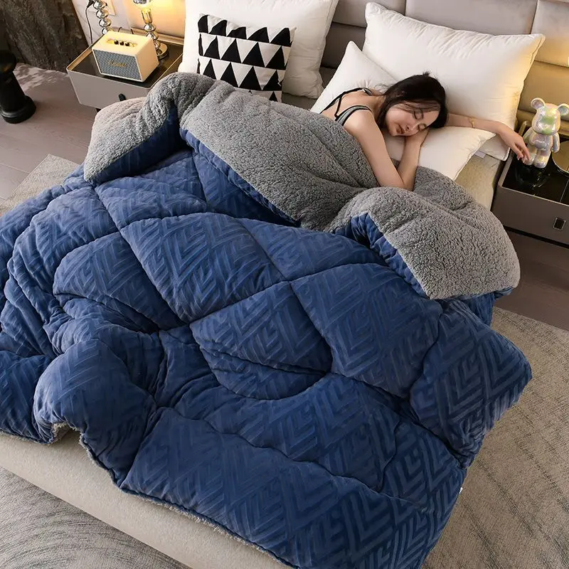 New Super Warm Lamb Wool Quilt Winter Thickened Comforter Warmth Cotton Double-Sided Velvet Soft King Queen Full Size Quilt