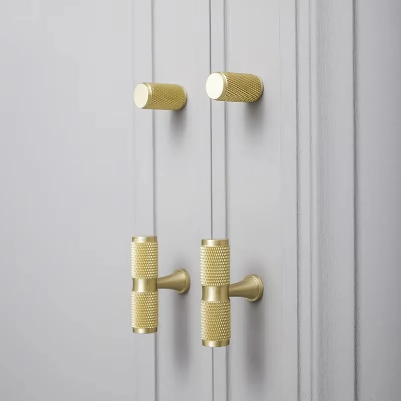 Light Luxury Brass Knurled Clothes Cabinet Furniture Door Small Handle Pure Brass Long  Handles for Cabinets and Drawers