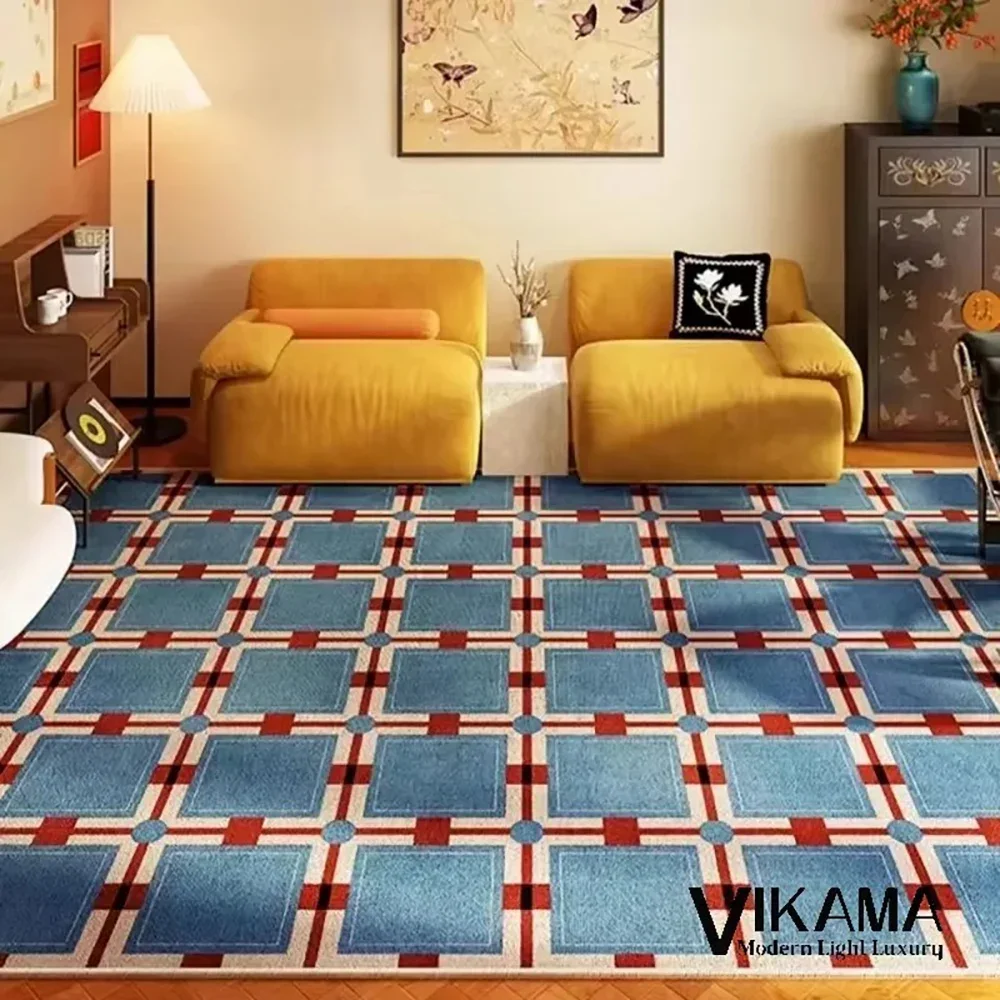 VIKAMA Luxurious Classical Plaid Loop-Pile Carpet Living Room Bedroom Carpet Sofa Large Rug Mat Non-Slip Washable Home Decor