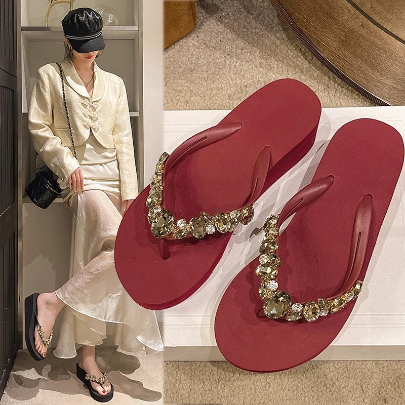 Summer new rhinestone flip-flops women's slope heel fashion toe drag casual non-slip medium heel beach cool slippers