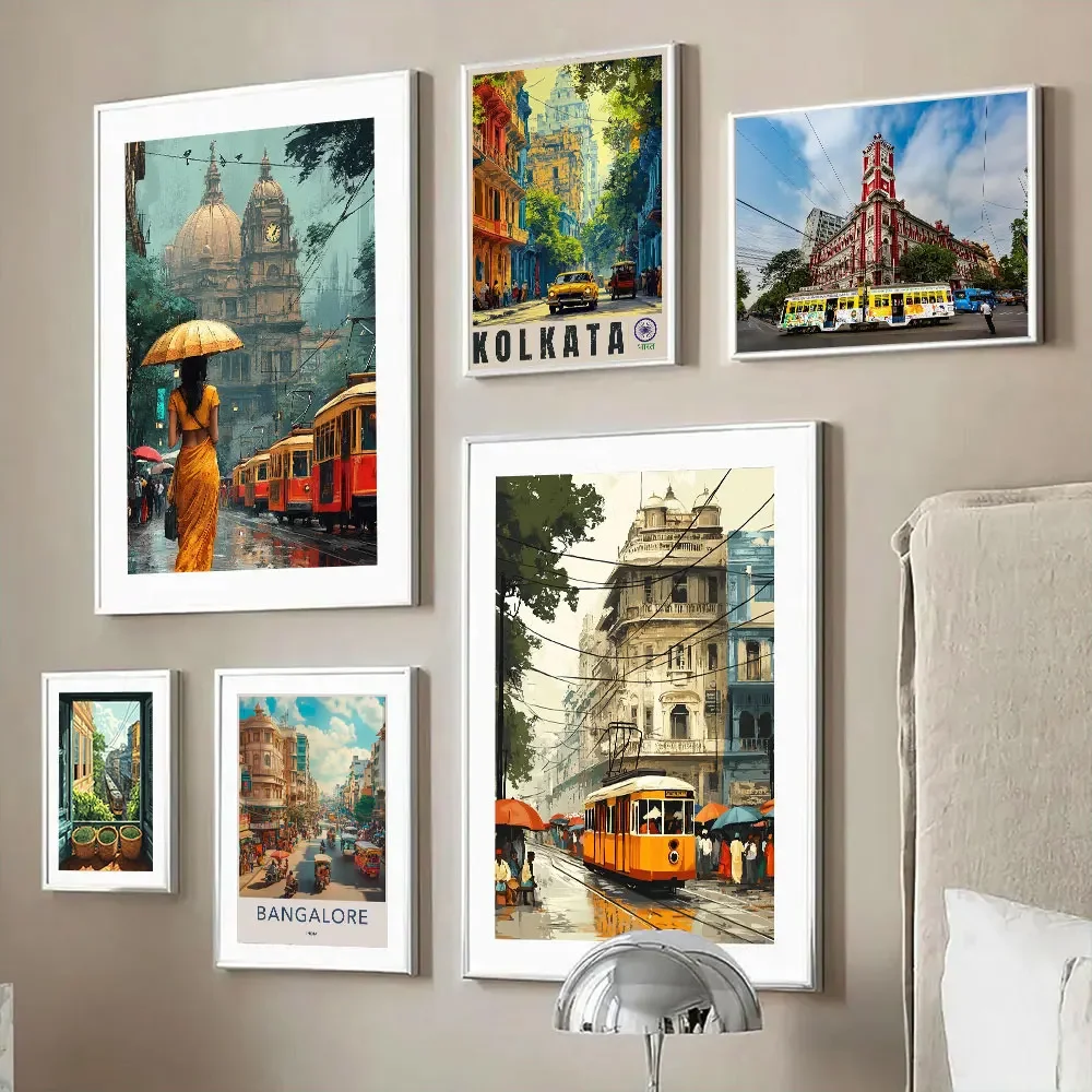الهند سيتي سكيب كولكاتا ترام مشهد الشارع المشارك قماش طباعة اللوحة جدار الفن غرفة نوم دراسة استوديو غرفة المعيشة ديكور المنزل #1
