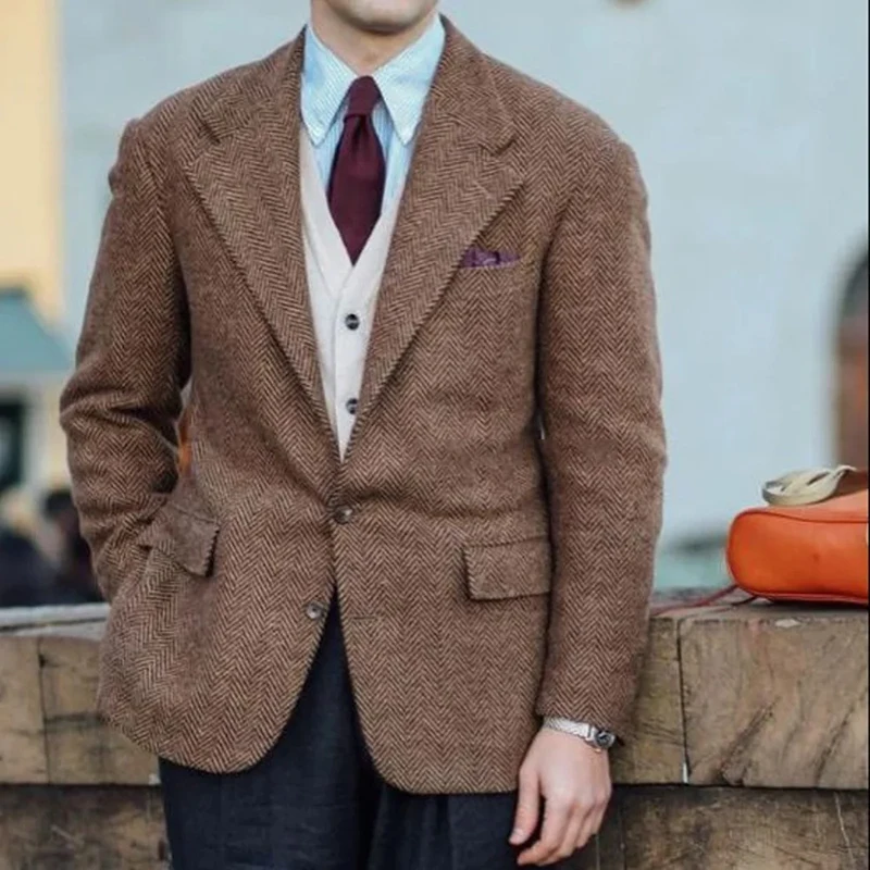 

Casual Suit Herringbone Jackets Man Notched Lapel Men's Social Coat Slim Fit Business Casual Style Urban Blazers Wedding Party