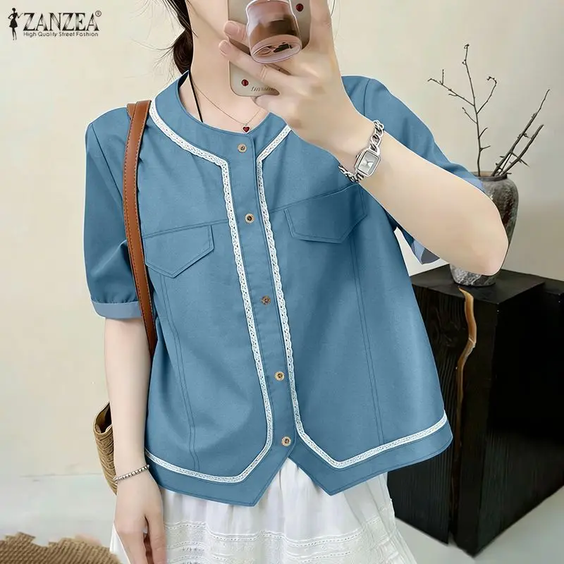 ZANZEA Women's Loose False-Denim Shirts O-Neck Short Sleeve Lace Trim Button Up Tops 2026 Summer Daily Casual Chemises Femme