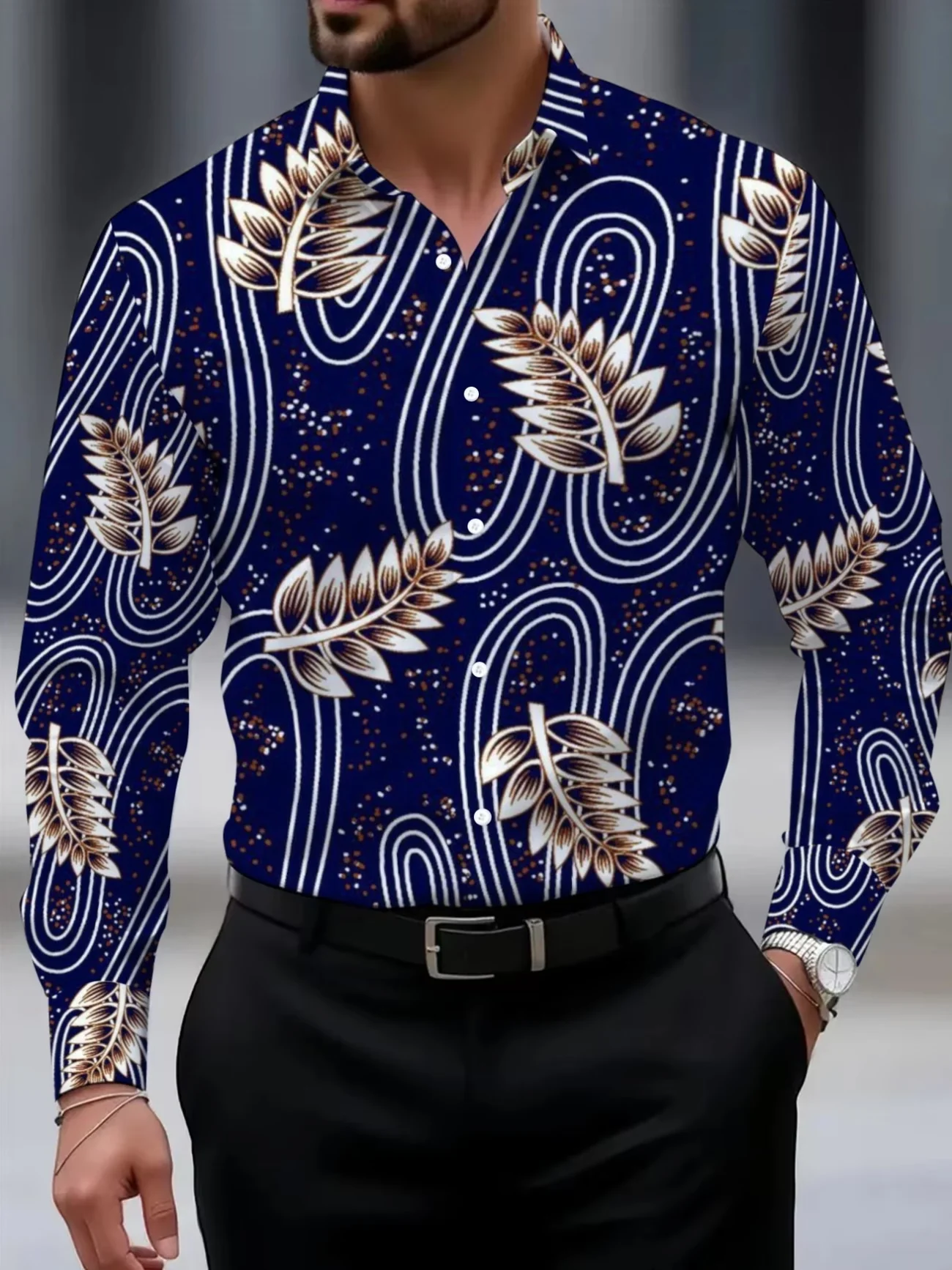 New Wine Red Background Rainbow Wings Retro Paisley Cashew Flower Full Print men's Collar Smooth Long Sleeved Shirt
