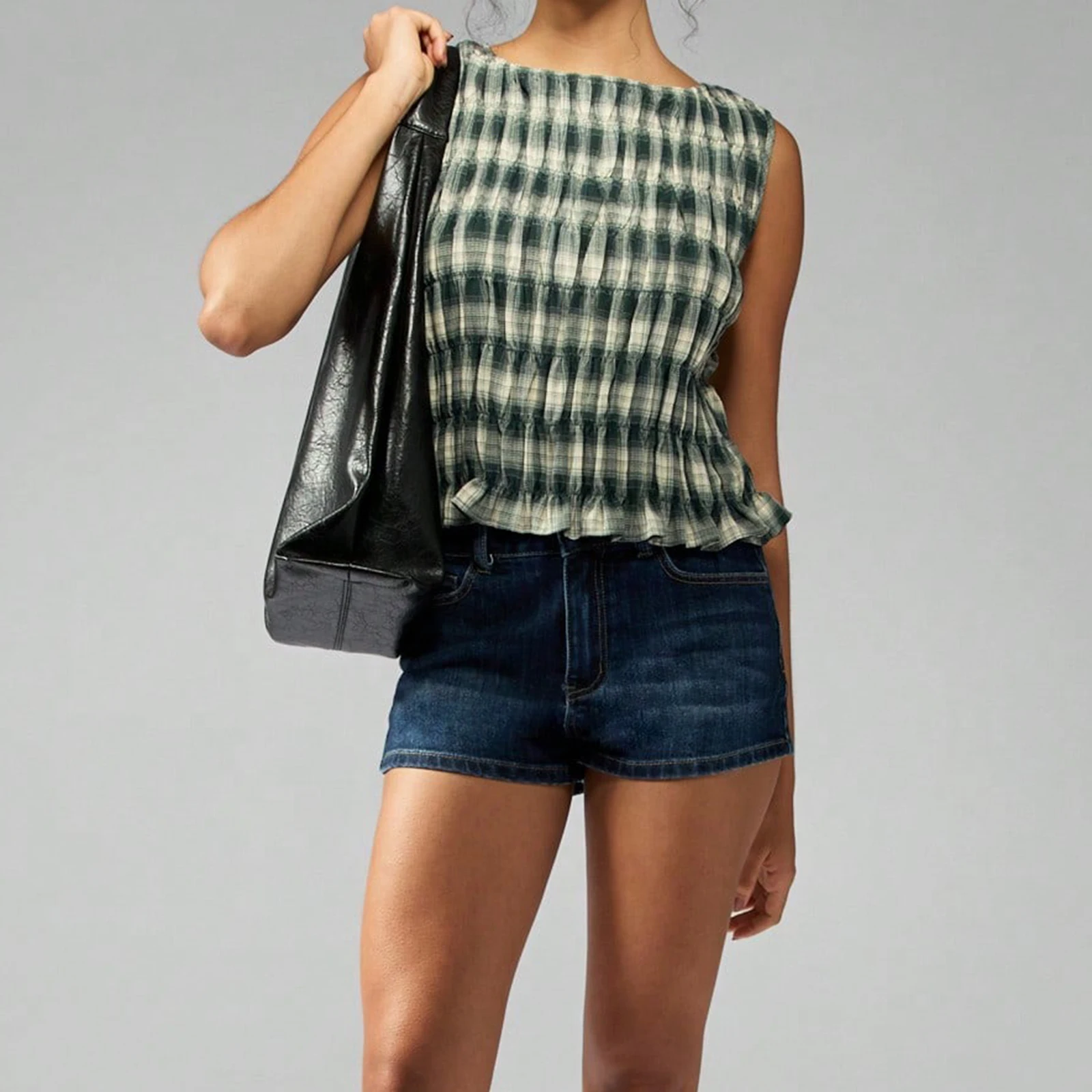 

Vintage Women Folds Tank Top Sleeveless Tops Crew Neck Pleated Plaid Summer Streetwear for Casual Daily