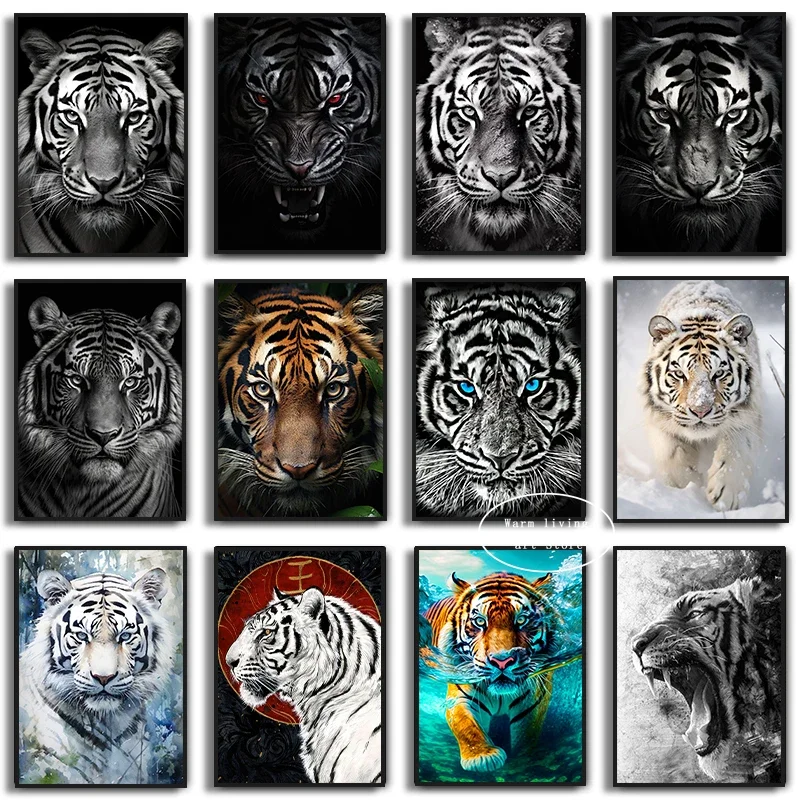 Black and White Tiger Head Canvas Painting Prints Majestic White Tiger Wall Art Posters Animal Art Picture for Living Room Decor