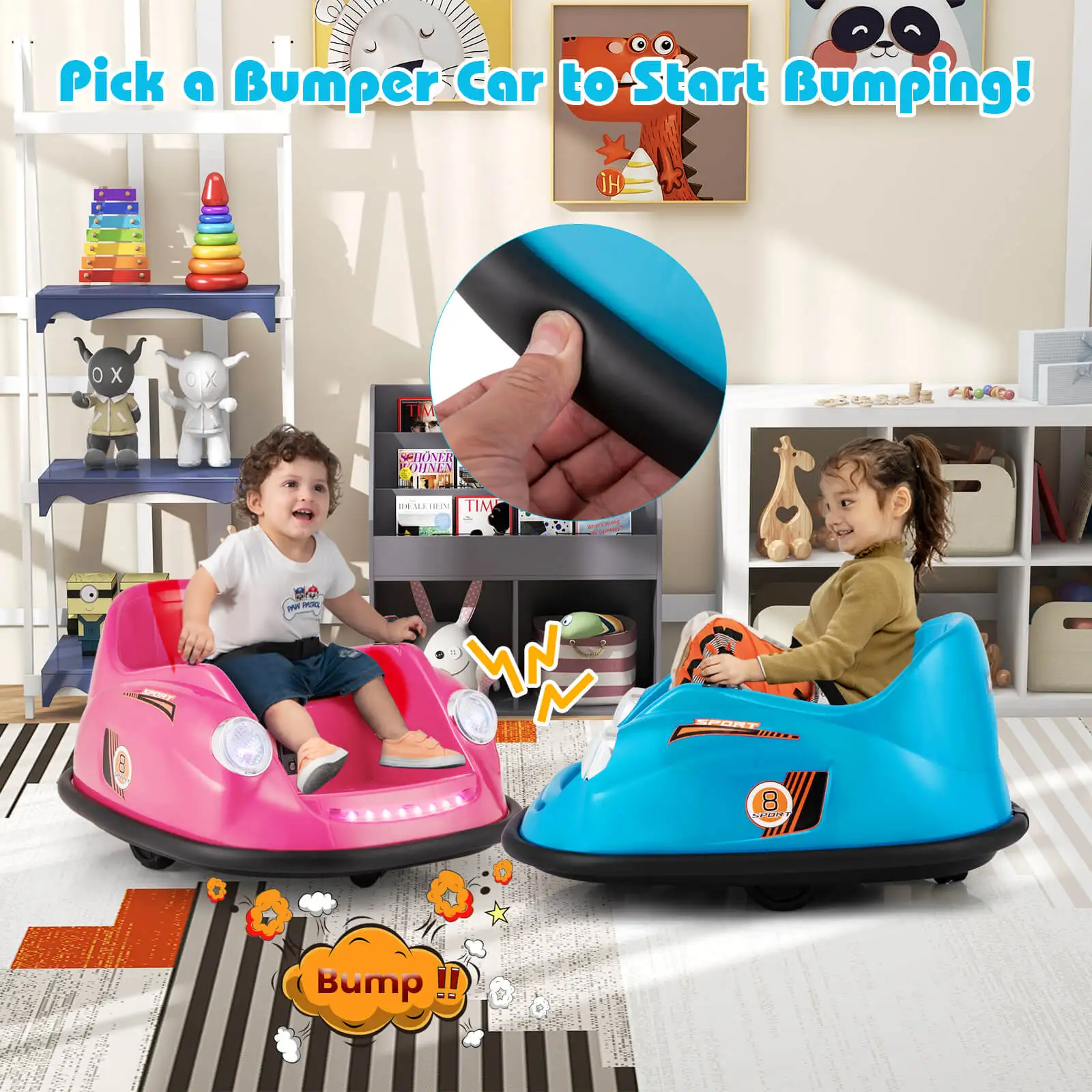 Voiture pare-chocs pour enfants avec télécommande, lumière LED rotative résistante à 360