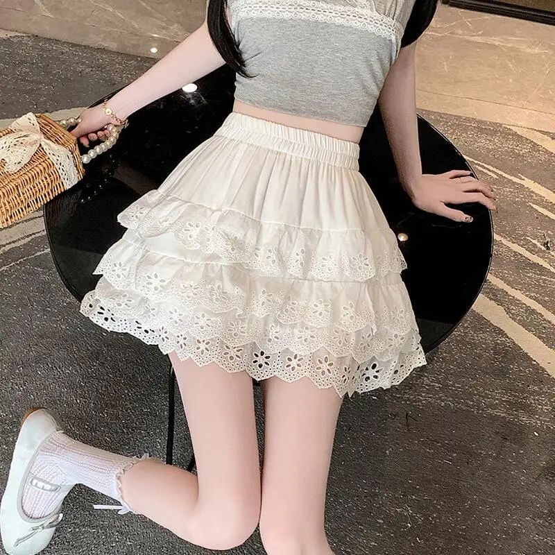 Sweet Lovely Girl White Lace Short Skirt New High Waisted French Puffy Skirt Student Cake Skirt Fashionable Simple Half Skirt