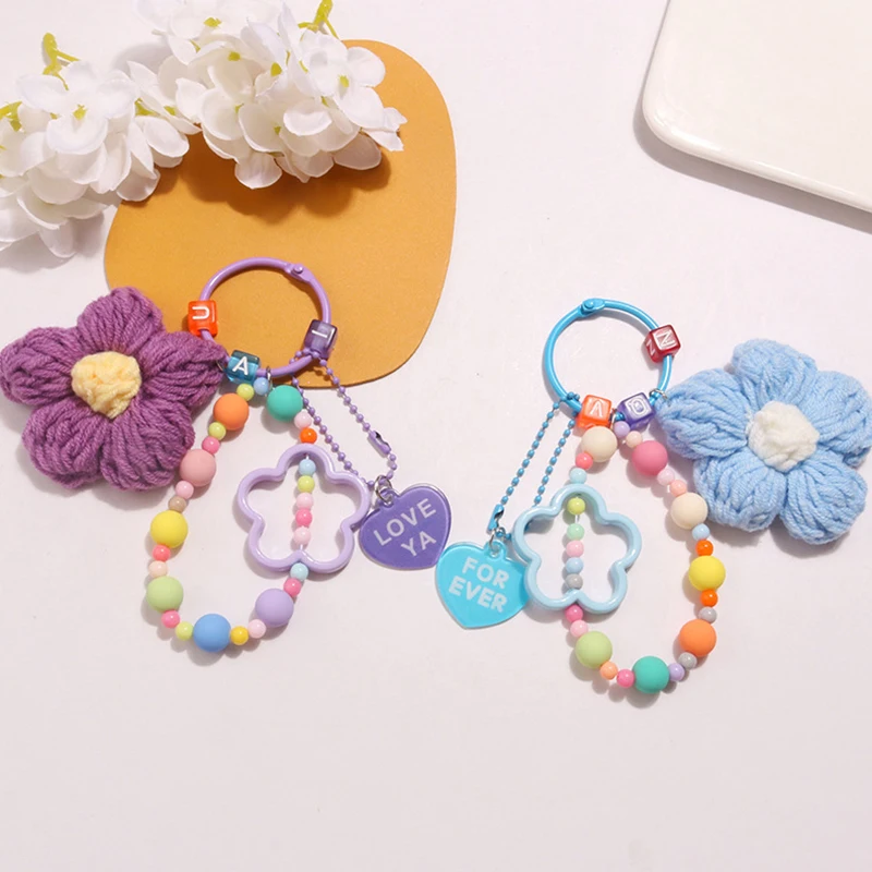 Cartoon Wool Knitted Flowers Key Chains Beaded Wristlet Lanyard Bracelet Keyring For Women Girl Bag Pendant Charms Keychain Gift