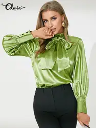 Celmia-Blusa informal de satén con manga acampanada para mujer, camisa elegante con lazo para oficina, Primavera, 2023